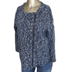 a.n.a Women's Blue White Knit Raw Hem Zip Up Blazer Jacket Size XL Classic Moto